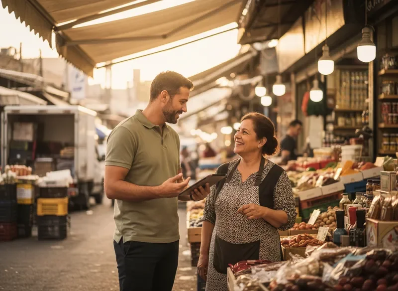 איש מכירות שטח בשיחה עם לקוח