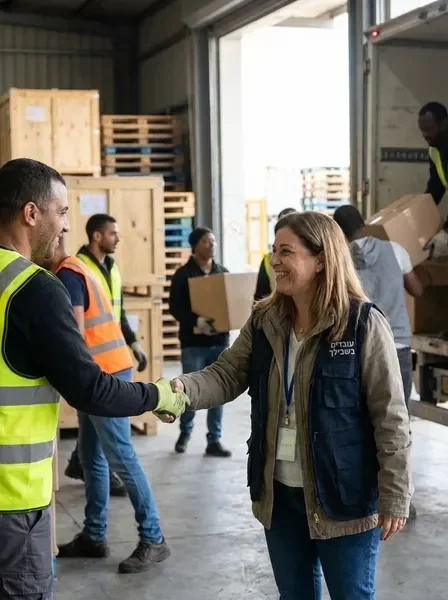 מנהל גיוס ועובד לוגיסטיקה לוחצים ידיים במחסן